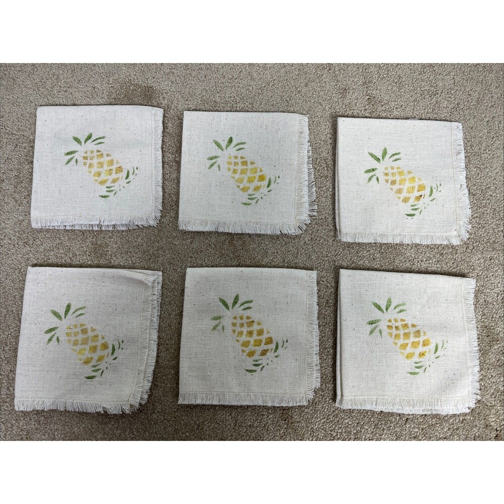 6 VTG Cocktail Napkins 13x13” Beige Stenciled Pineapple Cotton Linen Fringe